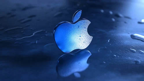 Blue glass apple logo reflects over glossy wet surface.