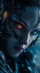 Cyborg female portrait with illuminated cybernetic eye detail.