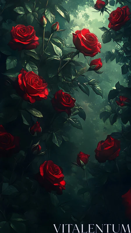 Enchanted Deep Crimson Roses Bloom in Mystical Garden