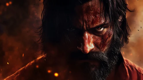 Battle-worn bearded man in intense fiery close-up portrait.