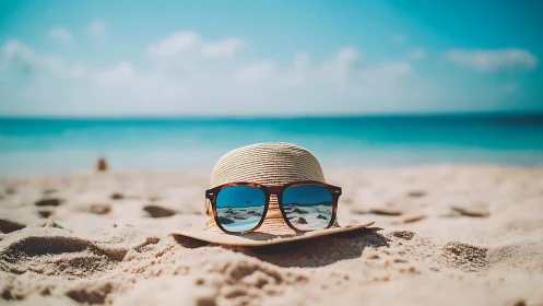 Straw sunhat and sunglasses on sunlit tropical shoreline.