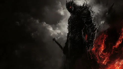 Dark armored demon warrior stands amid smoke and fire.
