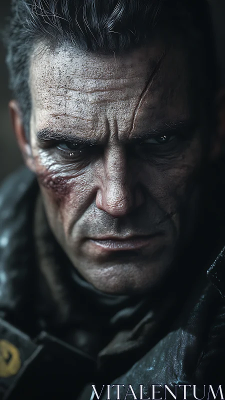 Scarred middle‑aged soldier stares forward with harsh focus