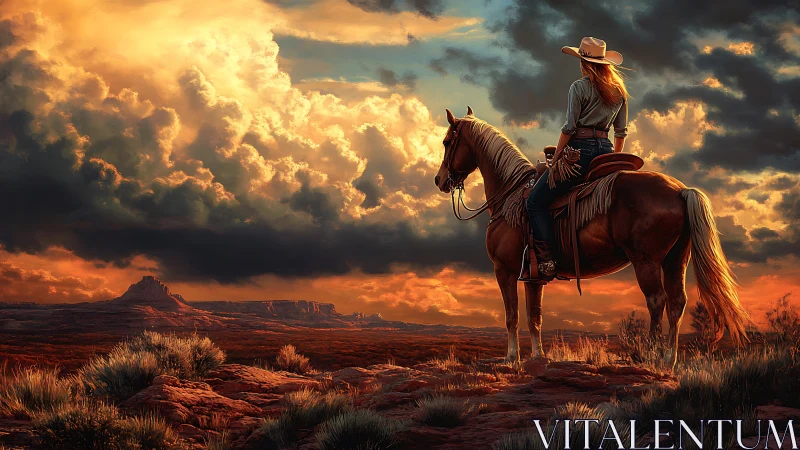 Cowgirl on sorrel horse under convective desert sky at dusk.