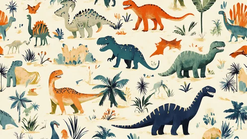Colorful dinosaurs roam stylized prehistoric jungle pattern.