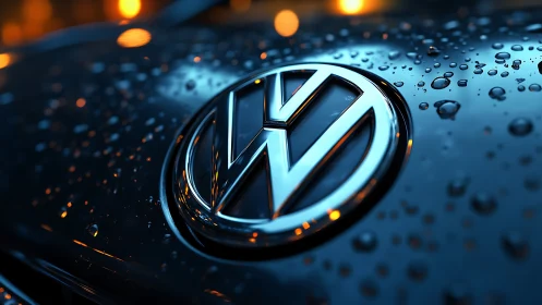 Gleaming car emblem resting under soft evening raindrops.