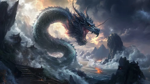 Stormlit sea dragon rising above ancient coastal temples.