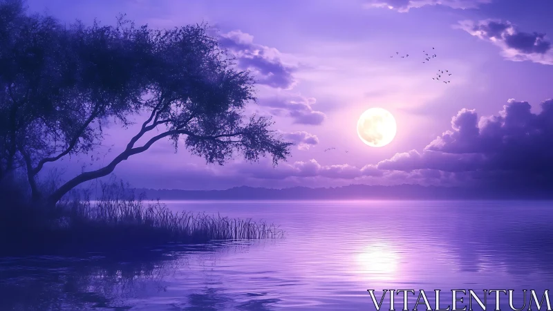 Violet moonrise over tranquil lake with silhouetted tree.
