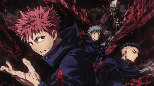 Anime battle trio in infernal cavern with cursed presence.