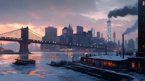 Urban riverfront skyline is observed at winter sunrise