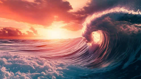 Golden sunset wave curling over a glowing, tranquil sea.