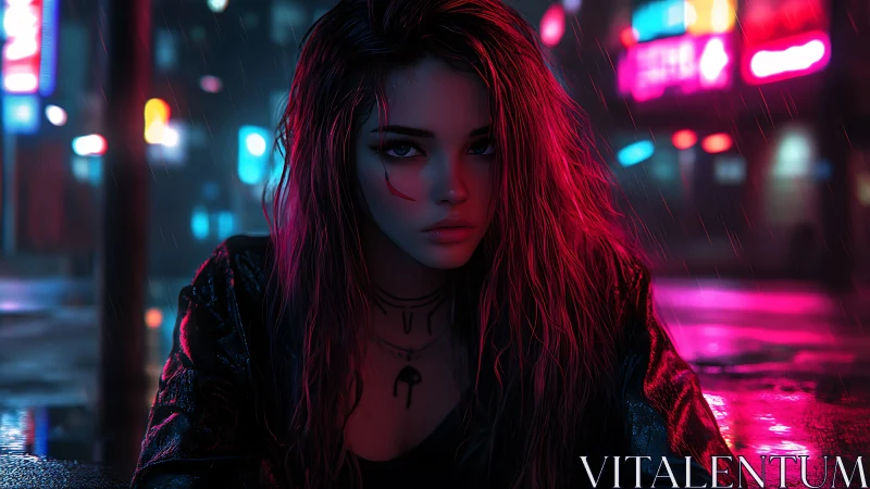 Neon rain crowns a cyberpunk loner with quiet defiance