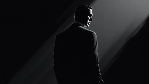 Man in suit under single light in dark minimalist scene.