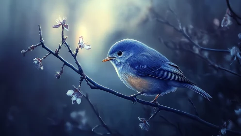Blue songbird on flowering branch in dreamy soft-focus style.