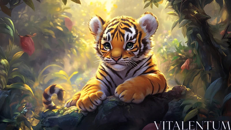 Young tiger cub resting in lush sunlit jungle setting.