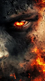 Molten ember eye within charred visage and erupting flames.