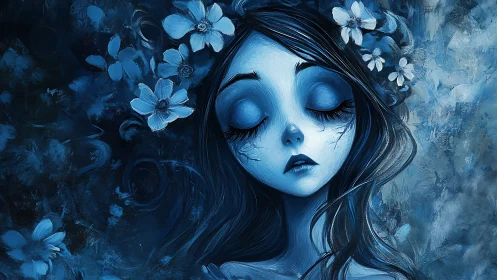 Melancholic blue portrait with floral crown and textured depth.