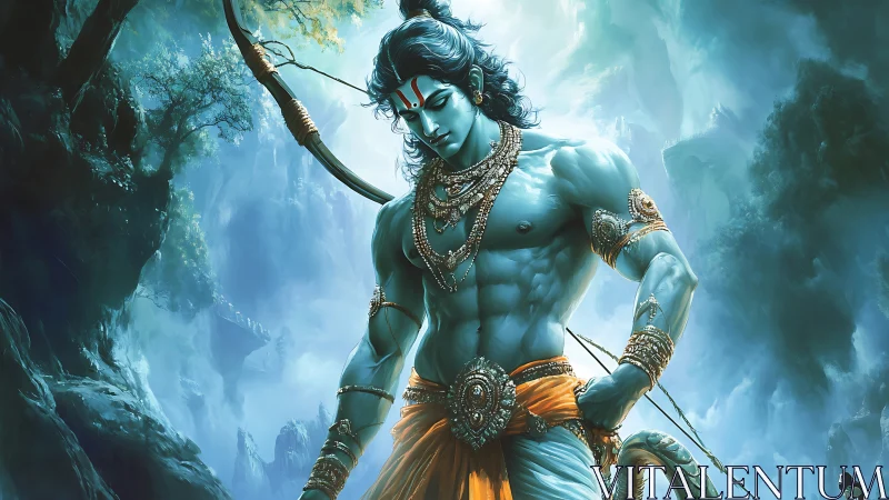 Divine blue archer stands poised amid ethereal mountain mists.