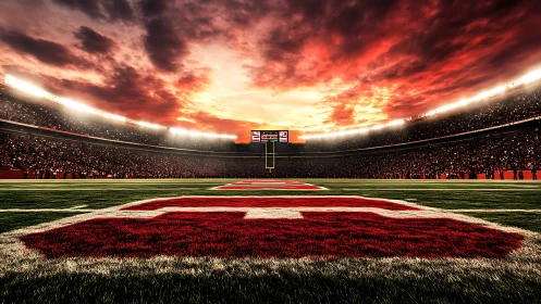 Sunset-ignited football stadium with low-angle field perspective.