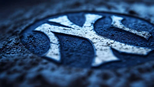 Weathered metallic emblem rendered in cool blue macro light