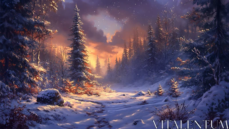 Snow covered forest path leads toward warm glowing sunset