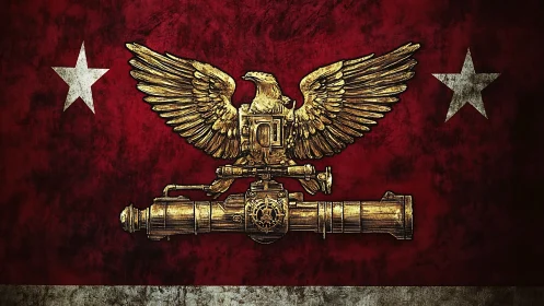 Winged war-machine emblem soars over a worn crimson banner