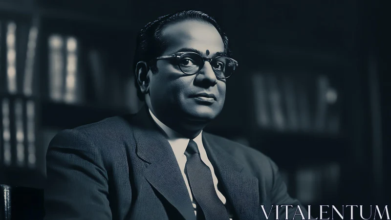 Stoic scholar in monochrome portrait, crisp formal attire.