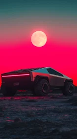 Neon moon crowns a polygonal truck on electric twilight plains
