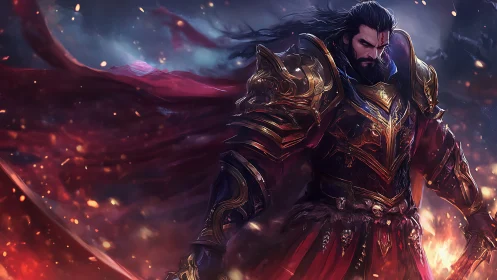 Ember-crowned warlord strides through a storm of falling sparks