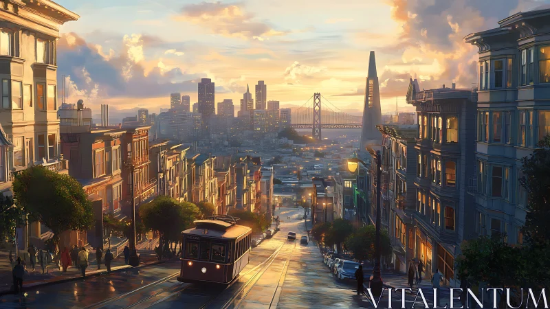 Cable car glides through sunlit hills as the city shimmers