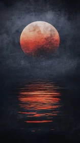 Crimson moon leans low and spills molten light on water