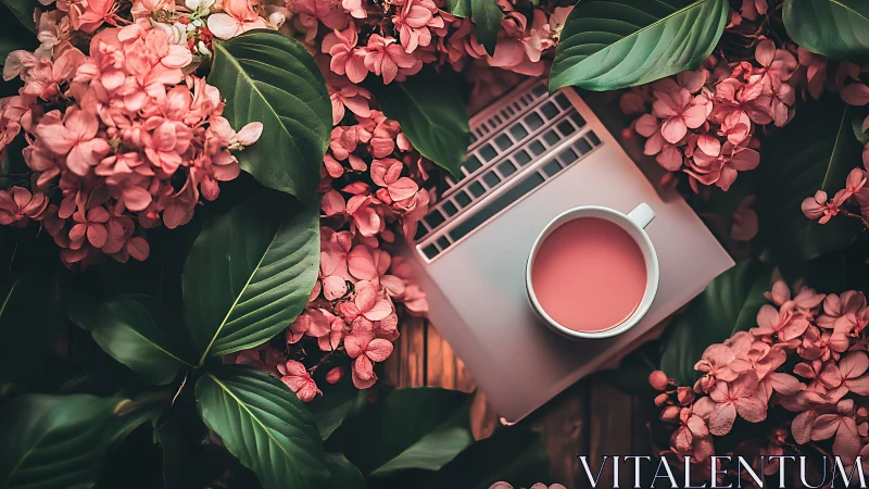 Soft pink coffee on laptop amid lush hydrangea blooms.