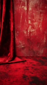 Velvet curtain against distressed red textured wall backdrop.