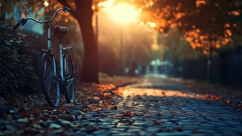 Bicycle positioned on tree-lined path during golden hour with diffused light