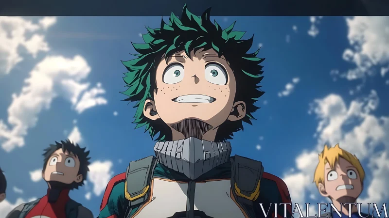 Sky-struck green-haired hero gazes into bright tomorrow.