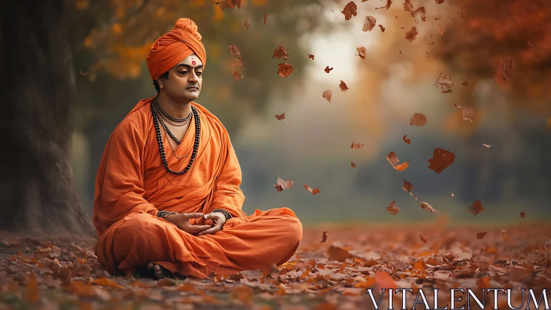 Meditative monk in autumn grove under shallow depth of field