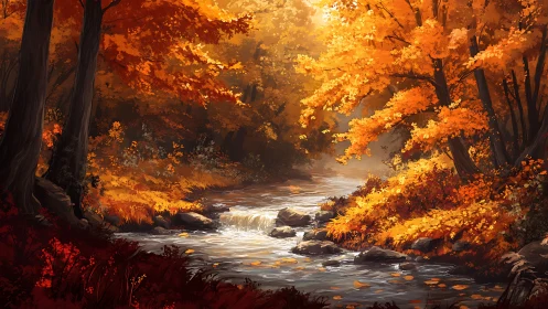 Golden Forest Stream Where Autumn Ignites the Woodland.