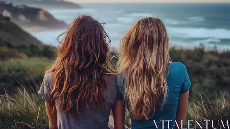 Two women with long hair sitting on grassy cliff overlooking ocean at sunset.