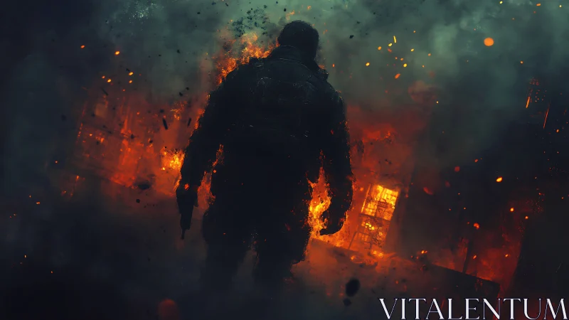 Lone ember soldier striding through a crumbling inferno.