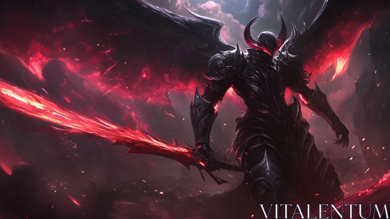 Dark winged warrior glowing with crimson infernal power.