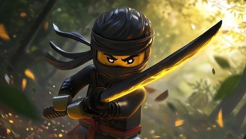 LEGO ninja warrior wields glowing katana in forest light.