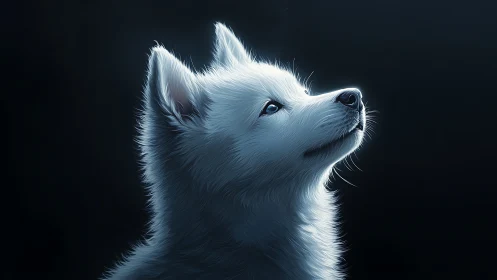White husky puppy gazes upward under cool rim lighting