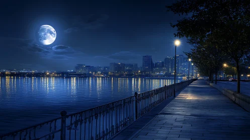 Full moon over riverside promenade in cool blue nocturne
