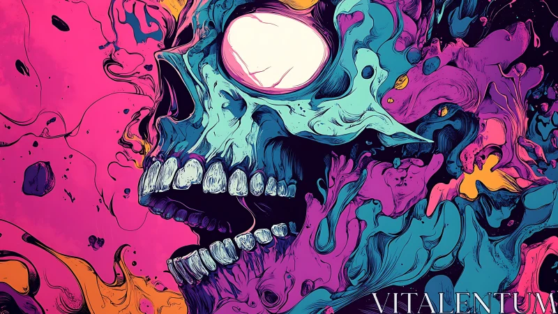 Flaming neon skull dissolves into swirling psychedelic chaos