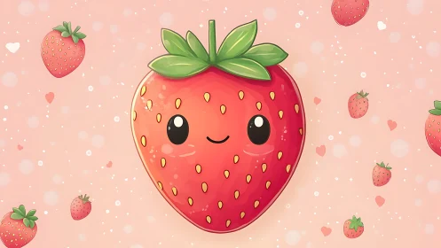 Smiling kawaii strawberry floats in a dreamy pink sky