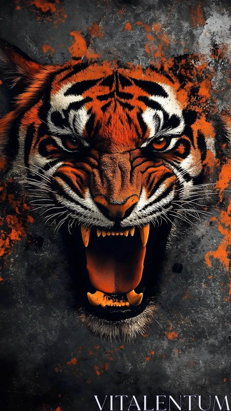 Roaring tiger portrait with explosive splatter texture.