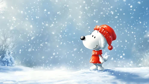 Cartoon dog in red winter outfit observes falling snowflakes