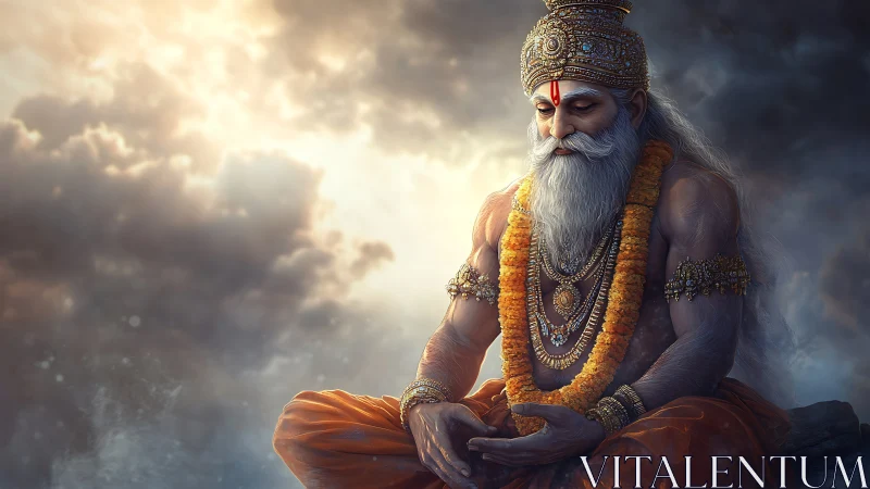 Serene sage meditates in luminous stormlit heavens