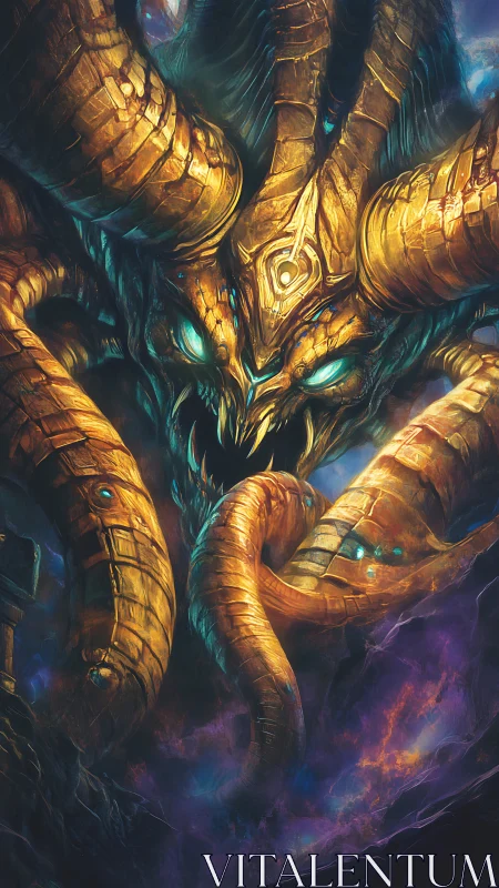 Bioluminescent eldritch leviathan with golden armored horns