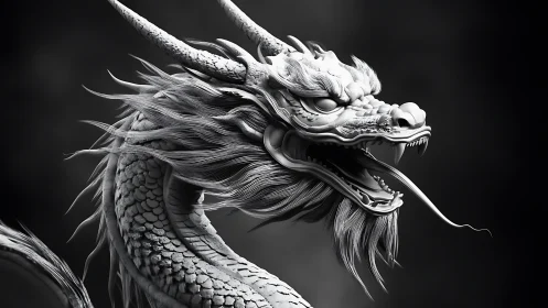 Monochrome 3D Eastern dragon bust showcases dynamic sculptural detail